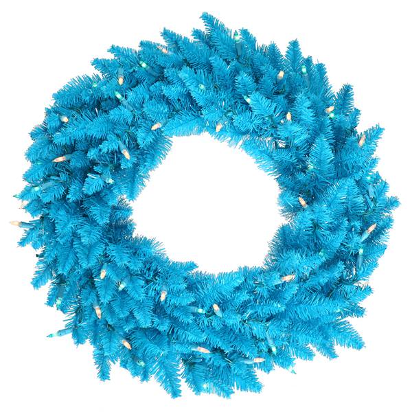 24" Artificial Sky Blue Wreath 50 Sky Blue Lights